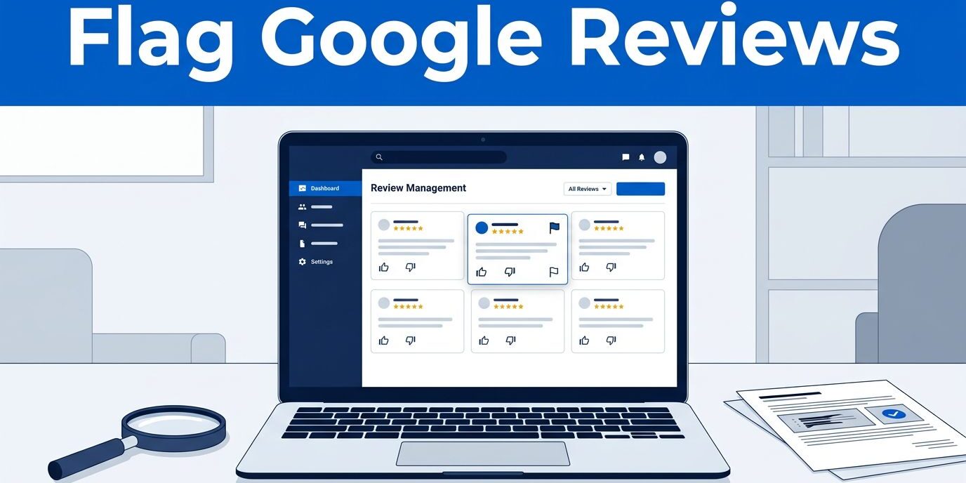 Flagged Review Dashboard Laptop showing a flagged review dashboard beside a magnifying glass and documents.