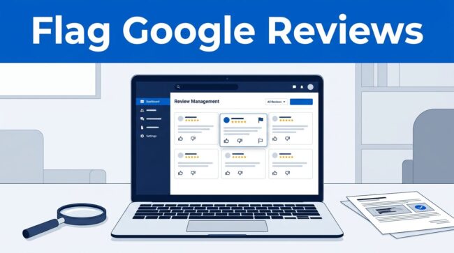 Flagged Review Dashboard Laptop showing a flagged review dashboard beside a magnifying glass and documents.