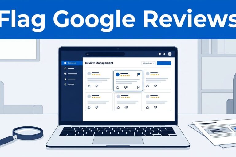 Flagged Review Dashboard Laptop showing a flagged review dashboard beside a magnifying glass and documents.