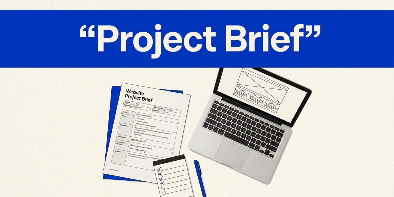 Website Brief Workspace A website brief, laptop wireframe, checklist, and pen arranged on a clean desk.