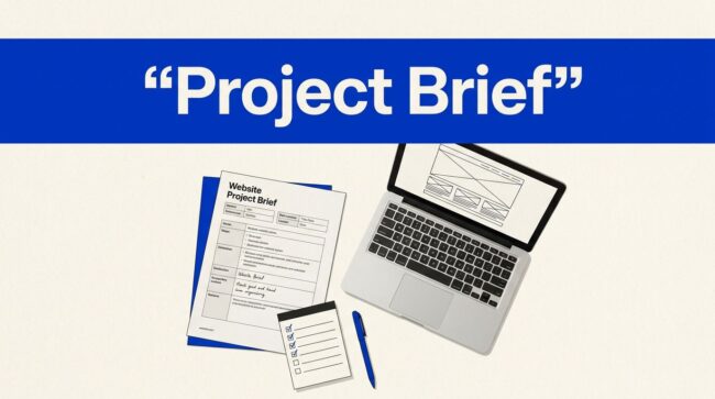 Website Brief Workspace A website brief, laptop wireframe, checklist, and pen arranged on a clean desk.