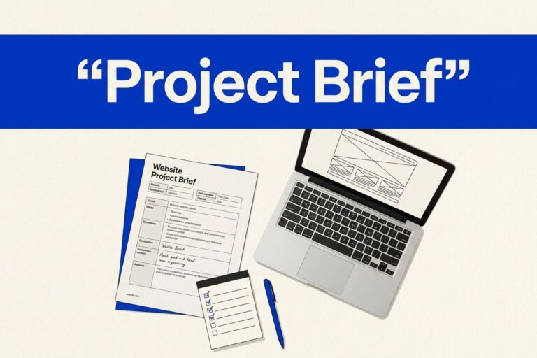 A website brief, laptop wireframe, checklist, and pen arranged on a clean desk.