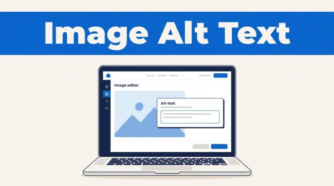 Image Alt Text Banner A laptop shows a local website editor beneath a blue Image Alt Text banner.
