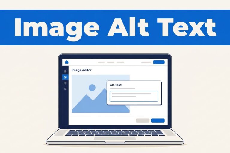 Image Alt Text Banner A laptop shows a local website editor beneath a blue Image Alt Text banner.
