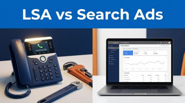 LSA Search Ads Comparison Split comparison showing a service phone and wrench beside a laptop advertising dashboard.
