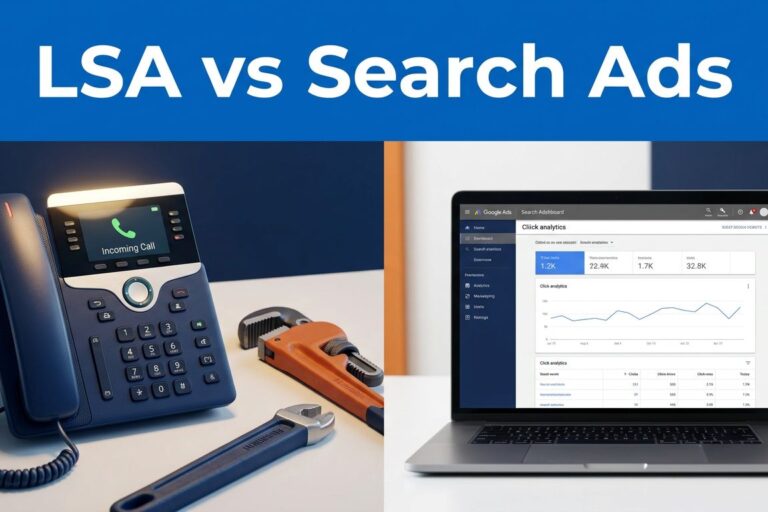 Split comparison showing a service phone and wrench beside a laptop advertising dashboard.