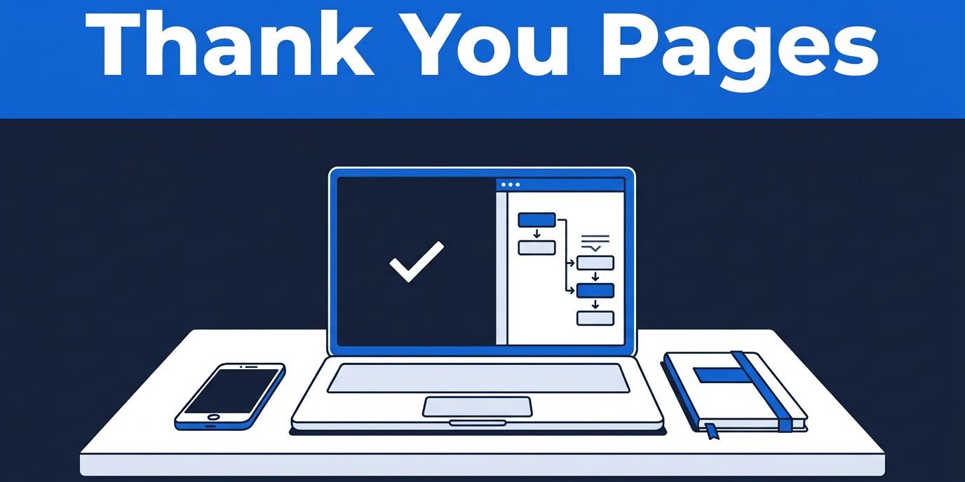 Thank You Page Workspace Desk with a laptop confirmation checkmark, phone, and notebook beneath a Thank You Pages banner.