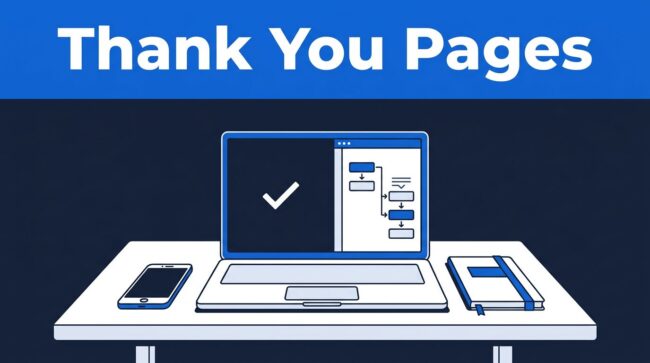 Thank You Page Workspace Desk with a laptop confirmation checkmark, phone, and notebook beneath a Thank You Pages banner.