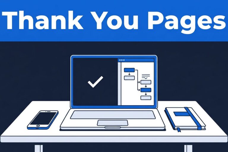 Desk with a laptop confirmation checkmark, phone, and notebook beneath a Thank You Pages banner.