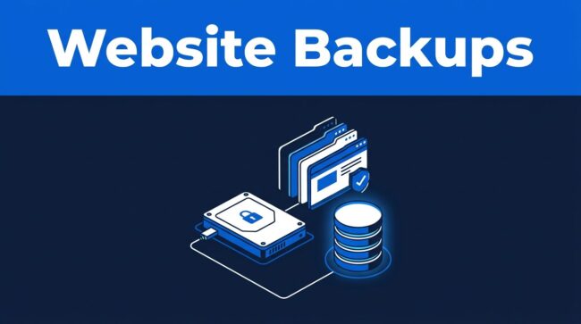 Website Backup Recovery A server drive connects to backup copies beneath a blue Website Backups headline.
