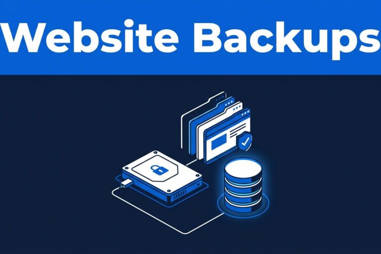 Website Backup Recovery A server drive connects to backup copies beneath a blue Website Backups headline.