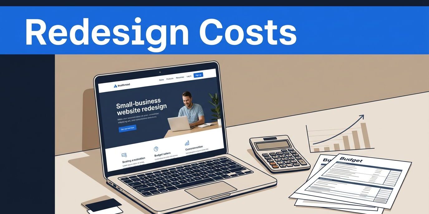Small Business Redesign Laptop, calculator, budget papers, and an upward chart sit beneath a blue “Redesign Costs” banner.