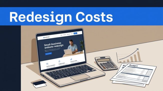Small Business Redesign Laptop, calculator, budget papers, and an upward chart sit beneath a blue “Redesign Costs” banner.