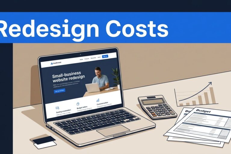 Small Business Redesign Laptop, calculator, budget papers, and an upward chart sit beneath a blue “Redesign Costs” banner.