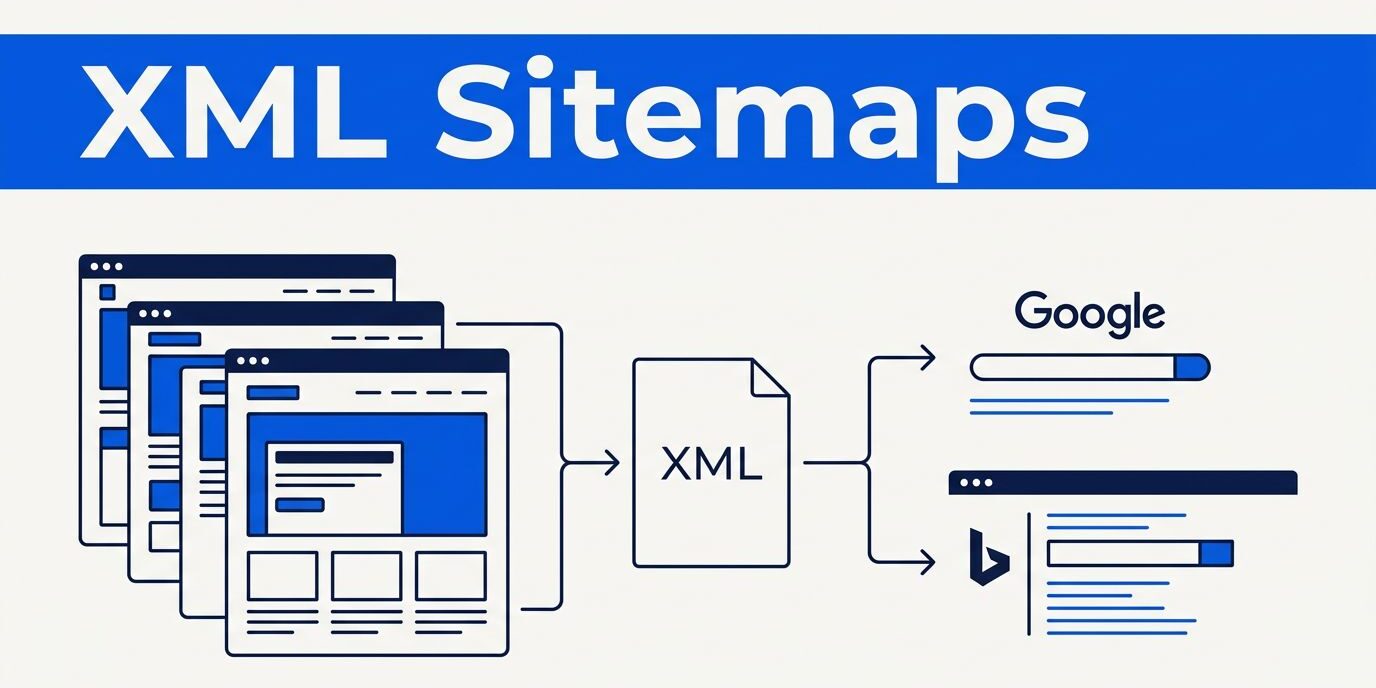 XML Sitemap Illustration Blue banner above website cards flowing into an XML sitemap and search results.
