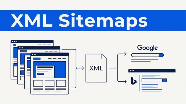 XML Sitemap Illustration Blue banner above website cards flowing into an XML sitemap and search results.