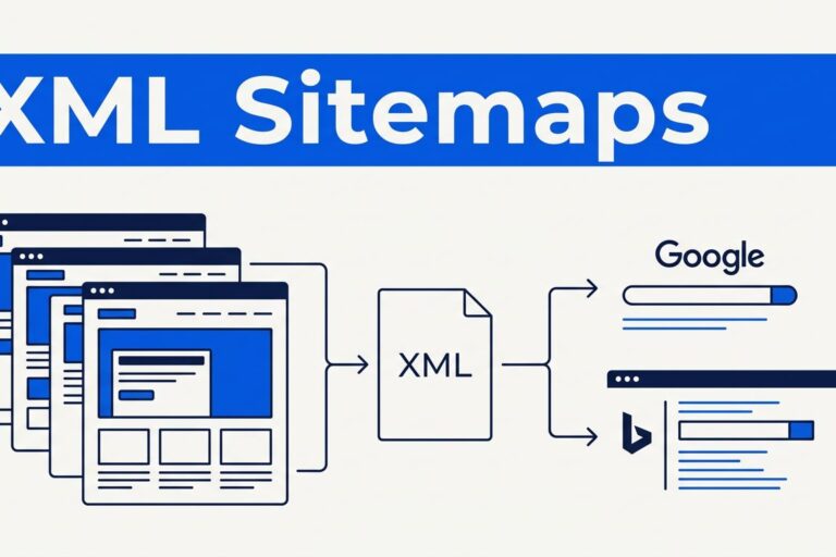 Blue banner above website cards flowing into an XML sitemap and search results.
