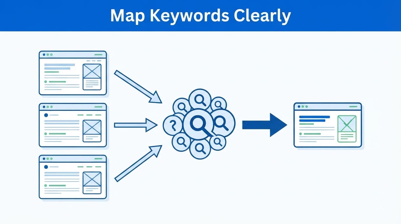 keyword cannibalization diagram showing three competing website pages merging into one keyword mapping.