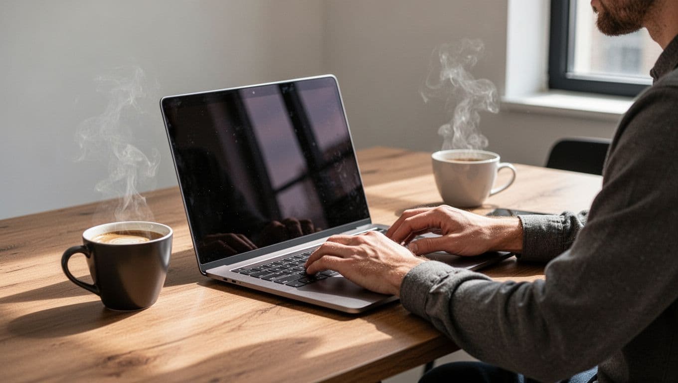 Branded email domain verification on a laptop at a professional workspace.