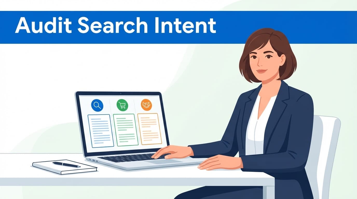 keyword cannibalization content audit showing a business owner reviewing grouped search-intent pages on a laptop