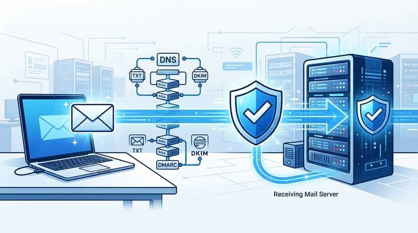 An envelope moves from a laptop through DNS servers to a secure mail server.