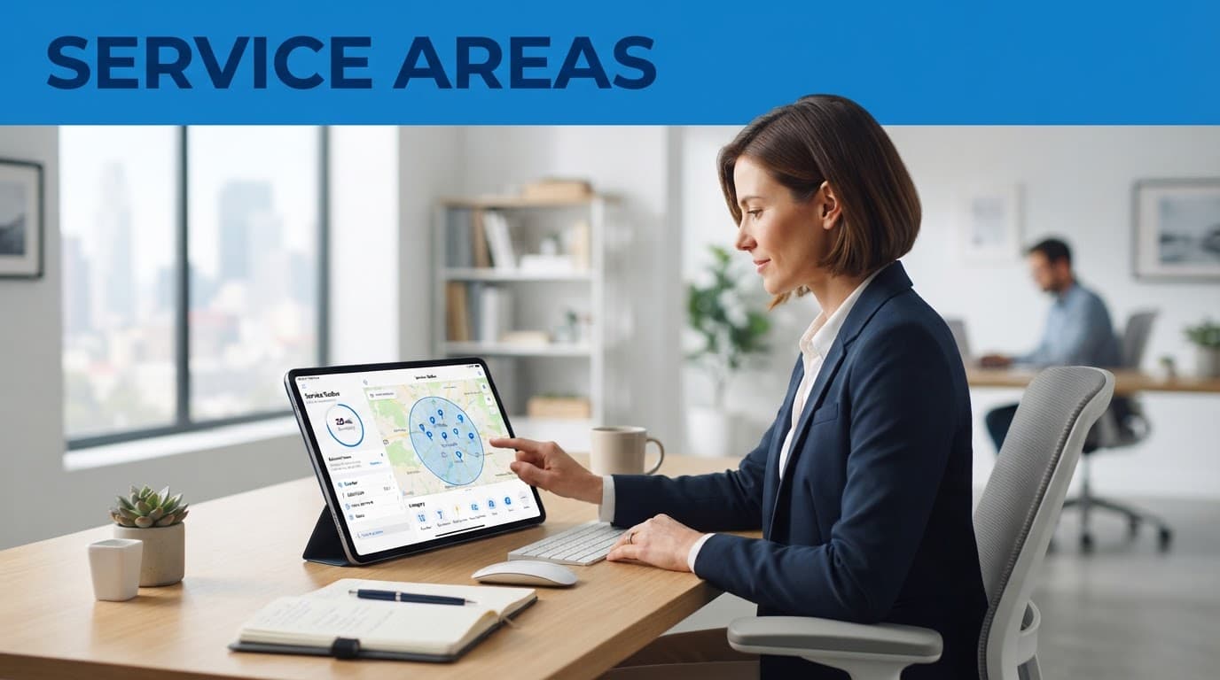 Service-area compliance map showing a defined coverage area on a tablet in a modern office.