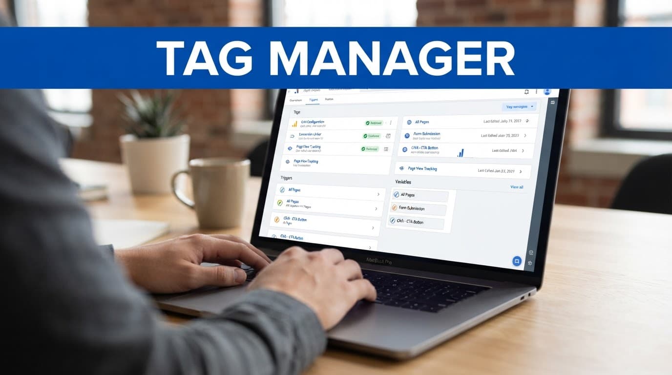 Laptop showing tagging settings in a modern workspace with one person nearby.