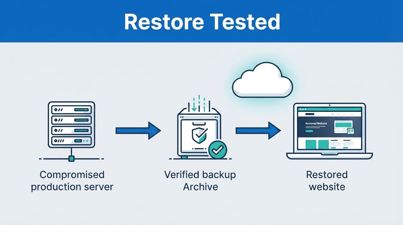 Restoration test showing a server, backup archive, and restored website.