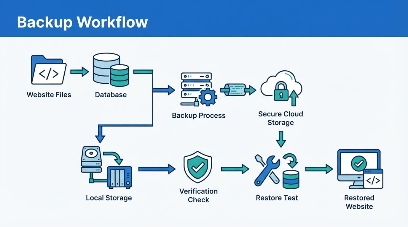 Recovery workflow diagram showing files and a database stored locally and in secure cloud storage.