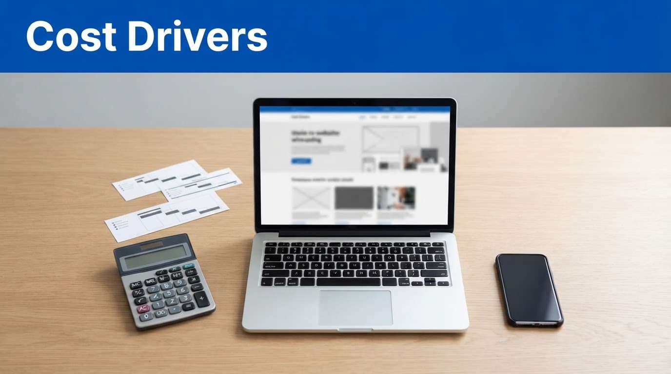 Website redesign cost planning with a laptop, calculator, phone, and project timeline.