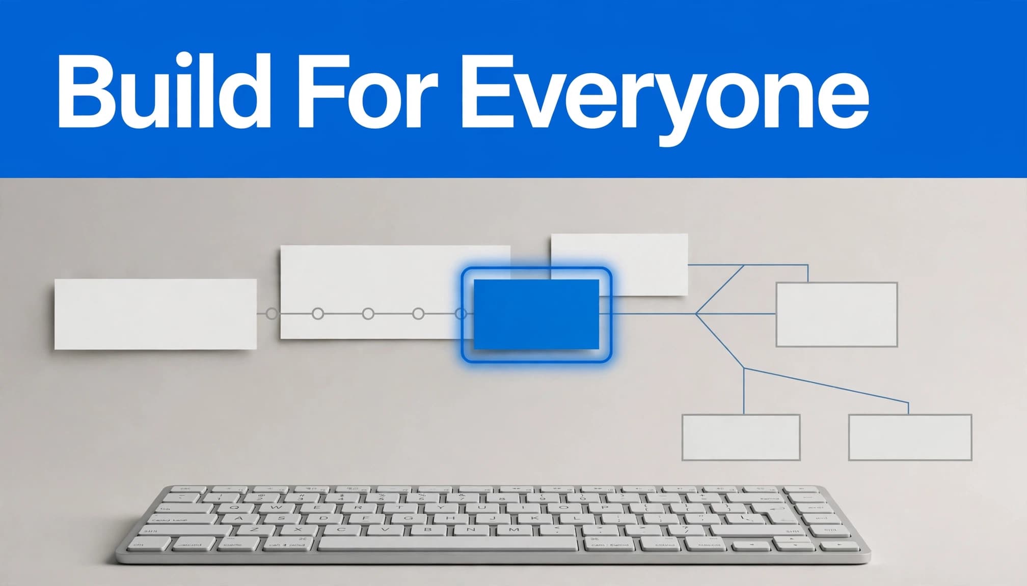 A keyboard beneath accessible website navigation structure menu blocks and a branching page path, with a blue headline band above.