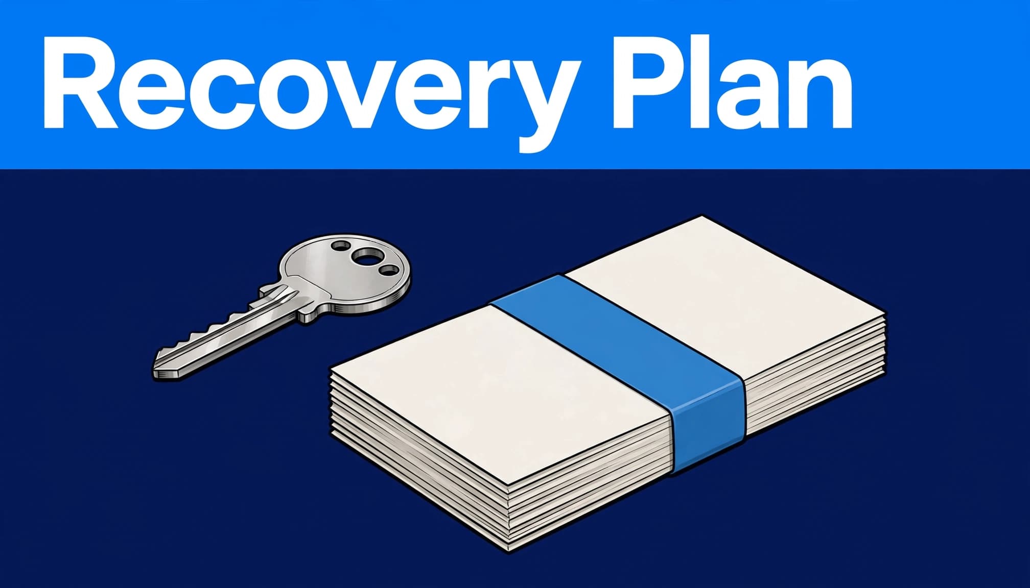 WordPress two-factor authentication recovery represented by a key and sealed backup-code cards.