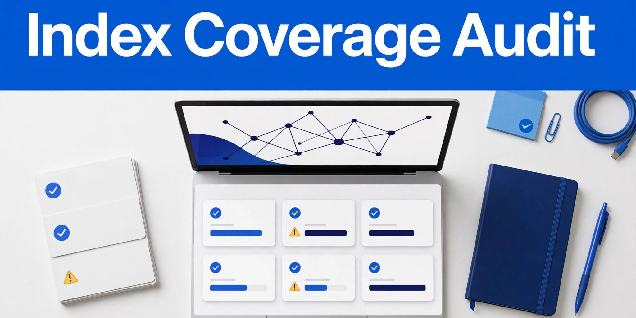 Index Coverage Audit Laptop dashboard with URL cards, crawl paths, checks, and warnings beneath a blue Index Coverage Audit banner.