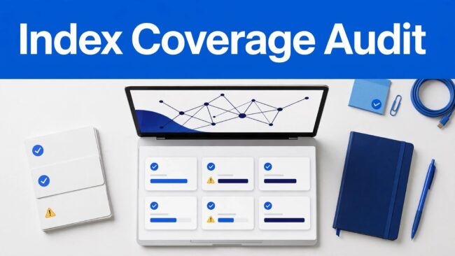 Index Coverage Audit Laptop dashboard with URL cards, crawl paths, checks, and warnings beneath a blue Index Coverage Audit banner.