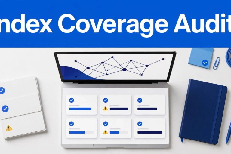 Index Coverage Audit Laptop dashboard with URL cards, crawl paths, checks, and warnings beneath a blue Index Coverage Audit banner.