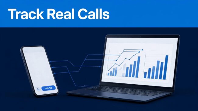 Phone Call Conversion Tracking A smartphone links to an analytics dashboard showing a verified call conversion.