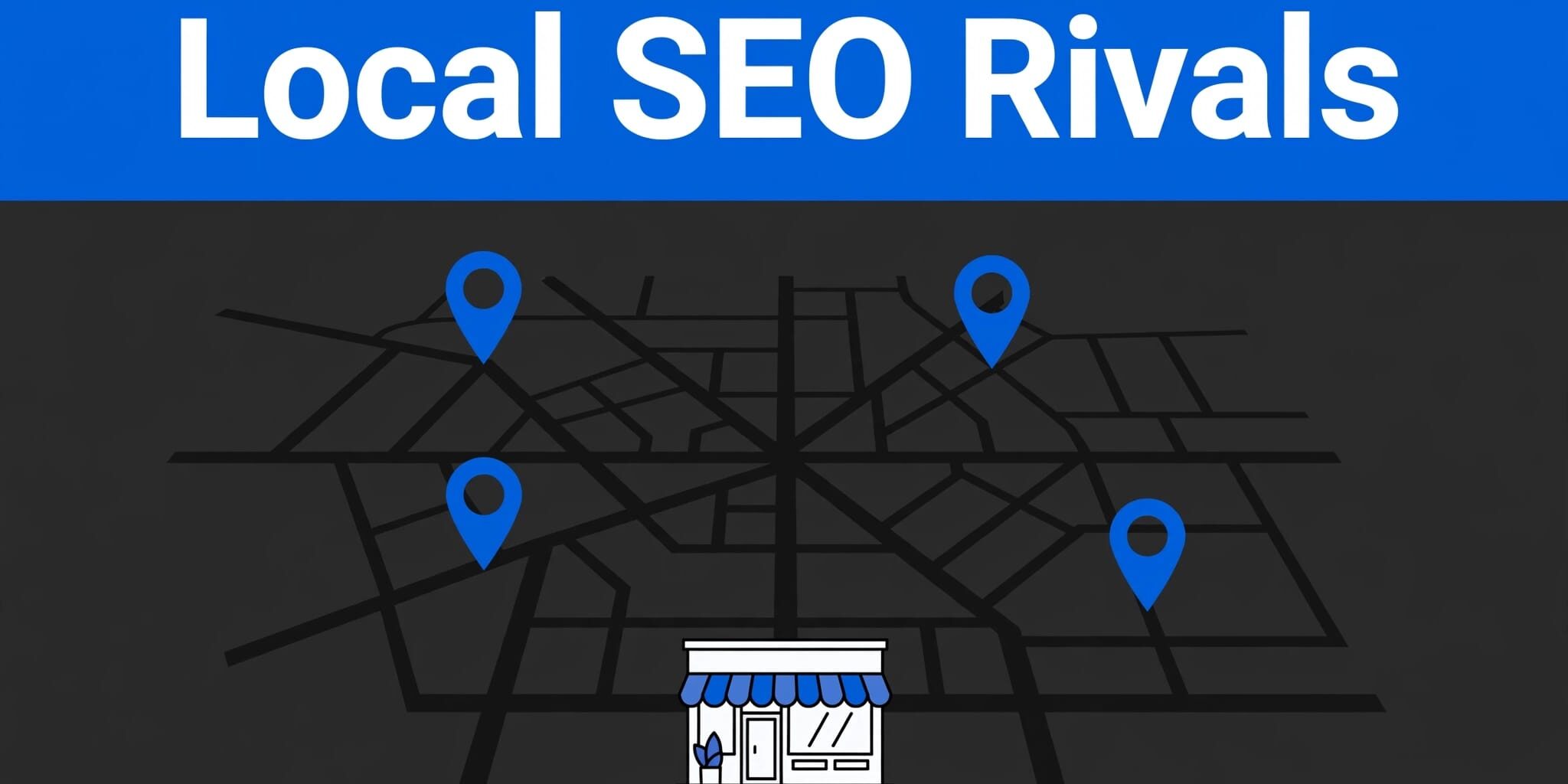 A storefront beneath a local map with competing pins and a blue “Local SEO Rivals” banner.