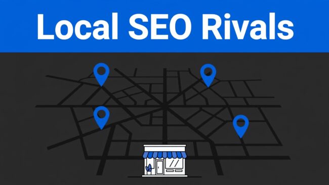 Local Search Rivalry A storefront beneath a local map with competing pins and a blue “Local SEO Rivals” banner.