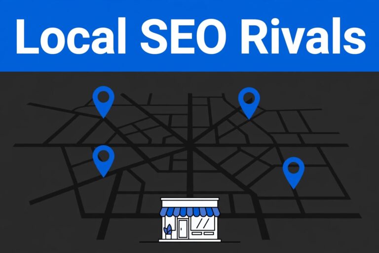Local Search Rivalry A storefront beneath a local map with competing pins and a blue “Local SEO Rivals” banner.