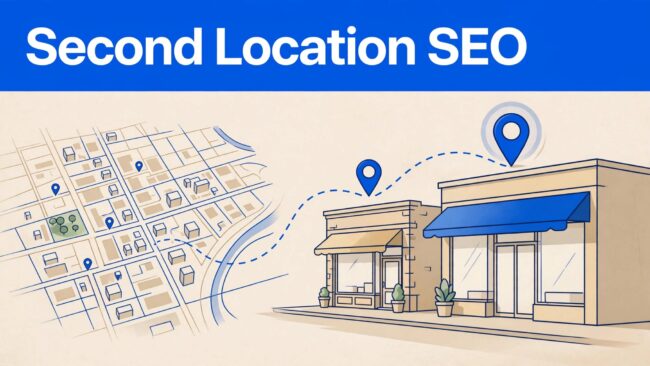 Second Location SEO Graphic A city map connects an established storefront to a highlighted new branch beneath a blue SEO headline.