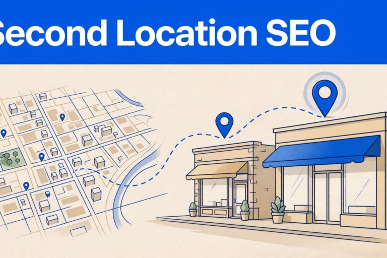A city map connects an established storefront to a highlighted new branch beneath a blue SEO headline.