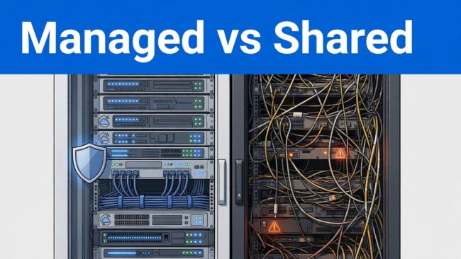 Managed Hosting Comparison Split server rack showing secure managed hosting beside crowded shared hosting.