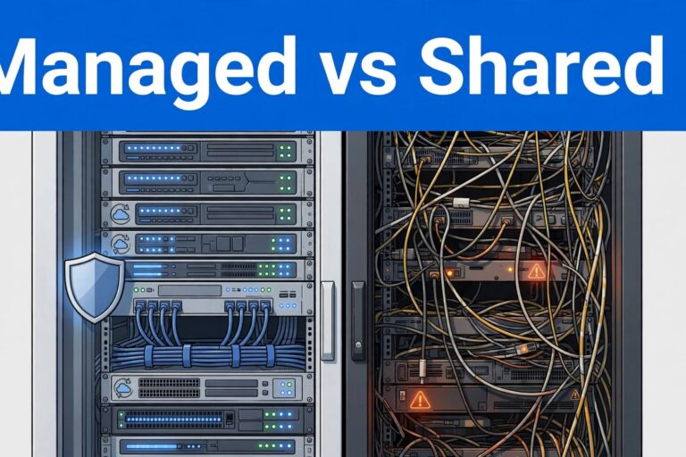Managed Hosting Comparison Split server rack showing secure managed hosting beside crowded shared hosting.