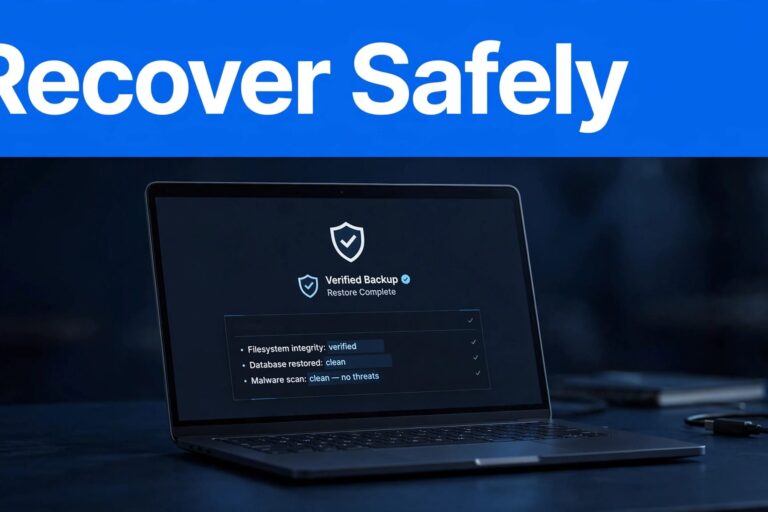 Laptop showing a WordPress recovery dashboard with a shield and verified backup symbol.