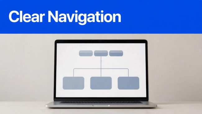 Small Business Navigation Laptop showing a clear website menu with service, proof, and contact paths.
