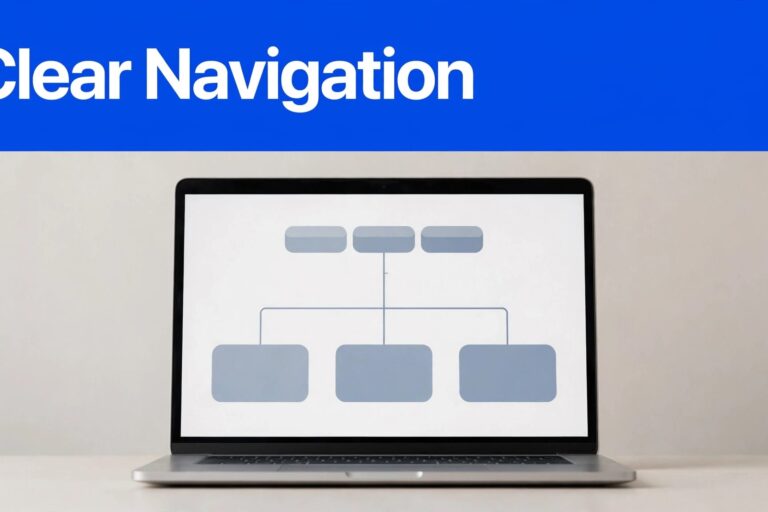 Small Business Navigation Laptop showing a clear website menu with service, proof, and contact paths.