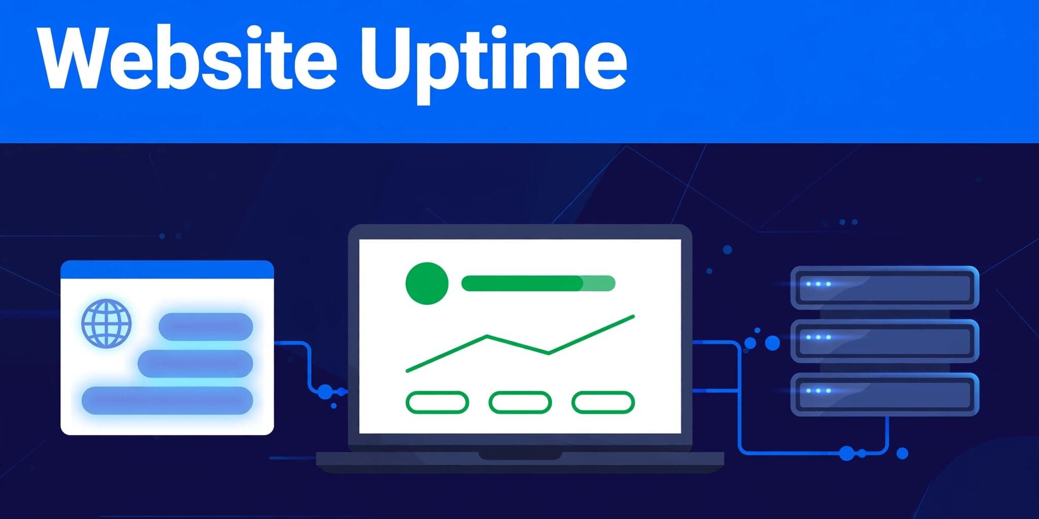 Website Uptime Dashboard Laptop dashboard with a green uptime indicator beside a glowing server and browser window.
