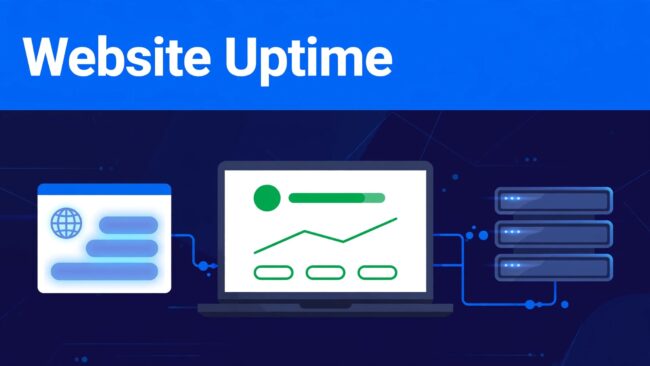 Website Uptime Dashboard Laptop dashboard with a green uptime indicator beside a glowing server and browser window.