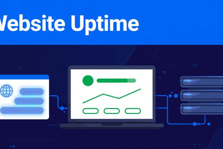 Laptop dashboard with a green uptime indicator beside a glowing server and browser window.