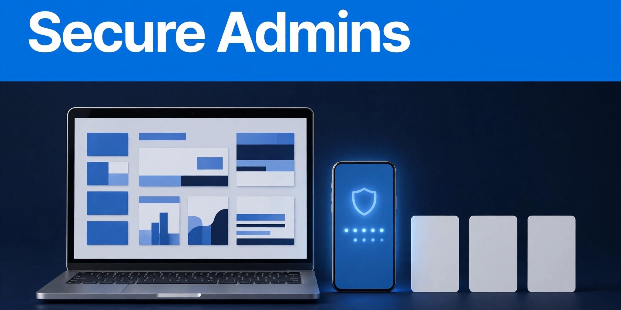WordPress Admin Security A WordPress admin dashboard beside an authenticator app and recovery cards, under a blue Secure Admins banner.